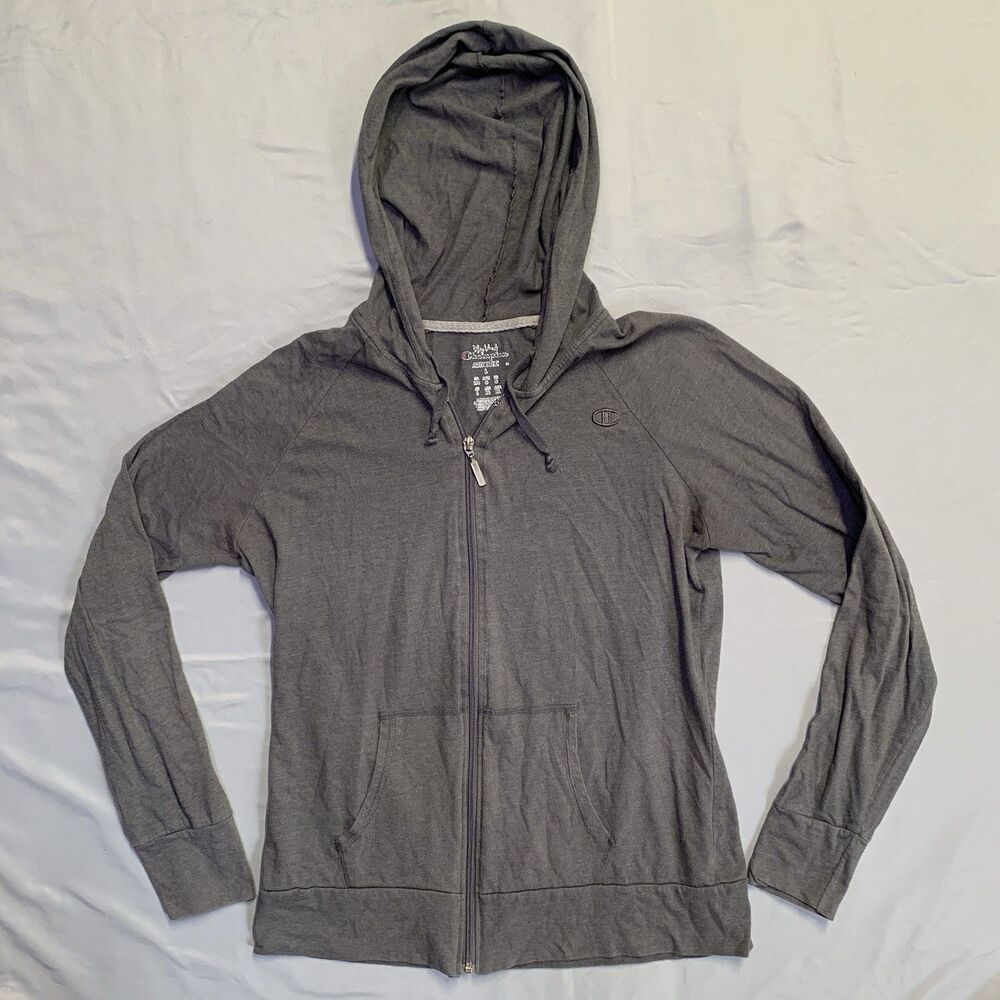 Champion Women Hoodie Size Large Gray Kangaroo Pocket Drawstring Full Zip Light